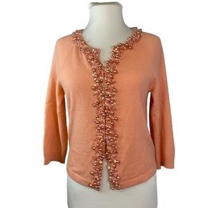 Cynthia Cynthia Steffe Coral Pink Cashmere Beaded Cropped Cardigan Sweater XS ⭐️